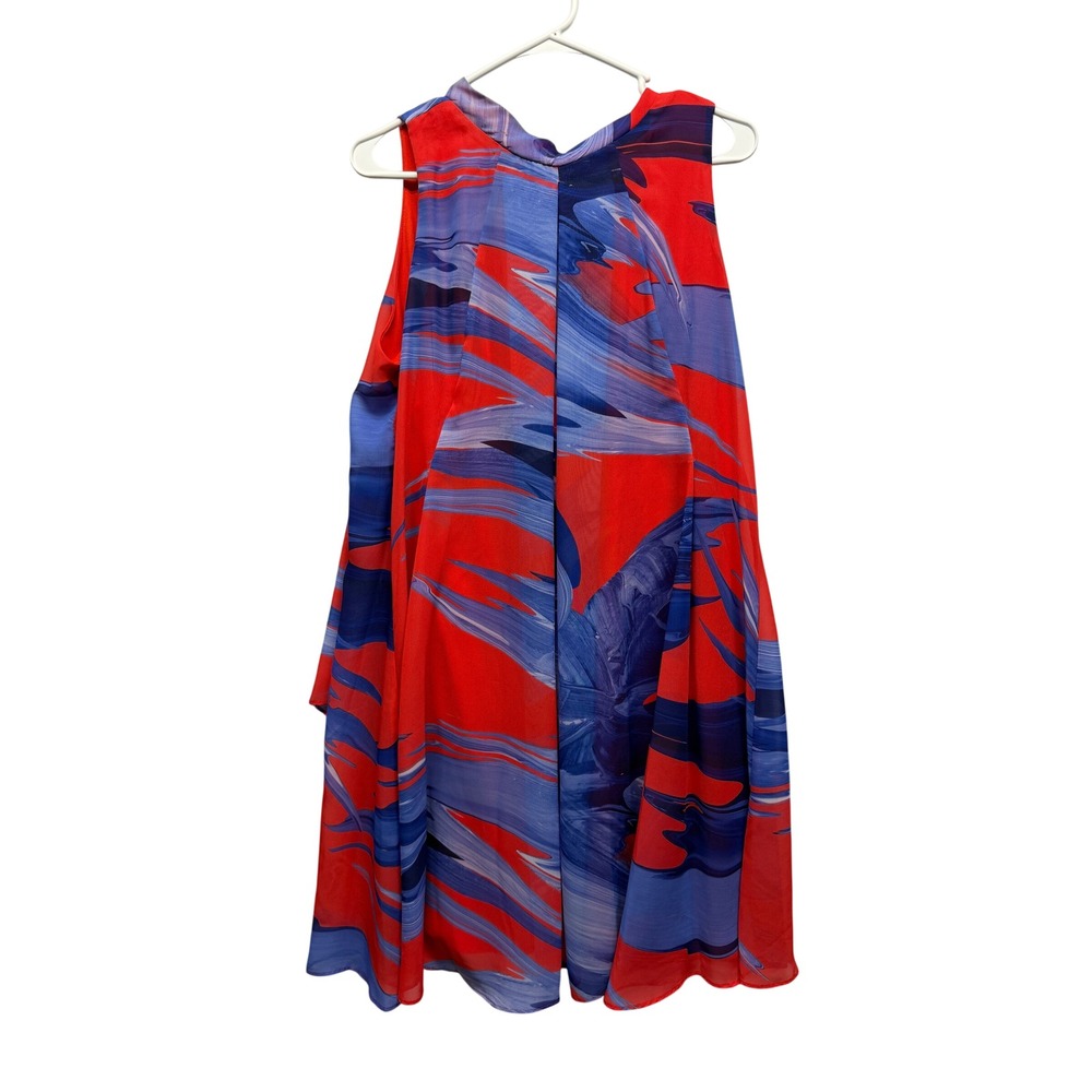 Robbie Bee Dress Abstract Chiffon High Neck‎ Tie Back Red Blue Women